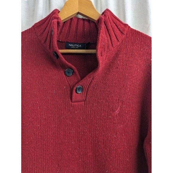 Nautica Mens Large collared 4 button sweater red speckled wool blend warm SW7 - Picture 2 of 8